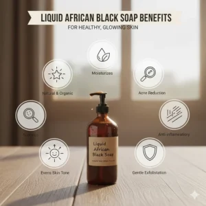 Infographic highlighting the natural skin benefits of liquid African black soap, including acne reduction and moisturizing properties.