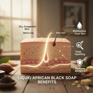Diagram detailing the moisturizing and clarifying skin benefits provided by regularly using African black soap in liquid form.