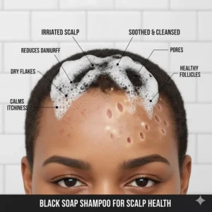 Diagram showing the soothing and cleansing effects of black soap shampoo on the scalp, ideal for managing dandruff or itchiness.