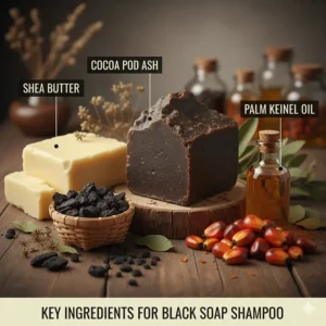 A collage of the traditional ingredients used to make authentic black soap shampoo, including shea butter and cocoa pod ash.