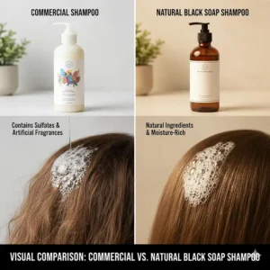 Visual comparison highlighting the difference between commercial shampoo and a natural, homemade black soap shampoo.