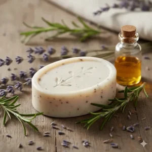Dried lavender and rosemary sprigs surrounding a lavender-infused luxury bar soap, illustrating the high-quality essential oils used for fragrance.
