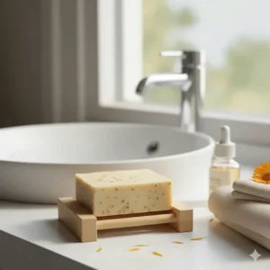 A calendula soap bar resting on a natural soap dish in a bathroom setting, ready for daily use on sensitive skin.