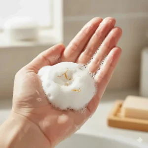 Gentle, creamy lather from a calendula soap bar being applied to sensitive skin, showing its moisturizing properties.