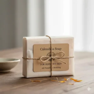 Final product packaging for the all-natural calendula soap, clearly labeled as suitable for very sensitive skin.