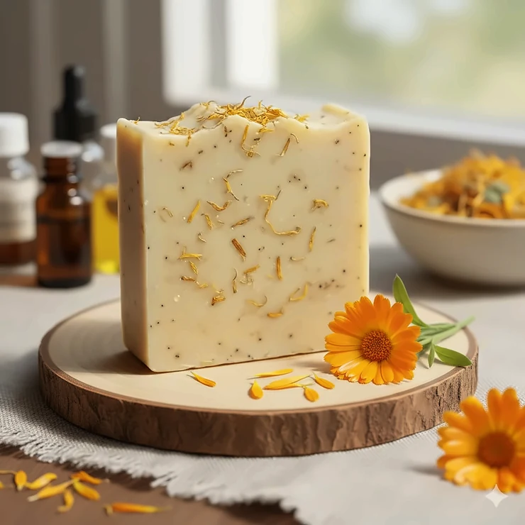 A close-up of a handcrafted calendula soap bar, infused with dried petals, specially formulated for soothing and gently cleansing sensitive skin.