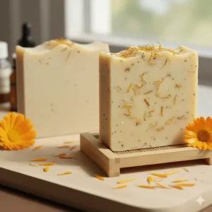 Comparison showing a calendula soap bar next to a plain bar, emphasizing the natural infusion for sensitive and dry skin relief.