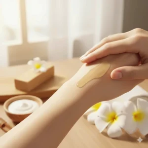 An abstract image showing smooth, healthy skin being soothed by a gentle application, symbolizing how sandalwood soap can relieve dry or irritated skin naturally.