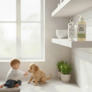 A bottle of child-safe, non-toxic dish soap positioned on a high shelf in a kitchen, highlighting its safety for families with pets and children.