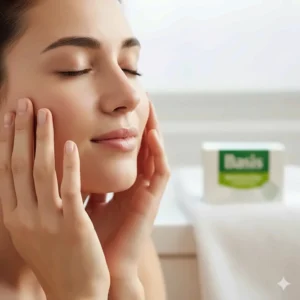 A person touching their face, showing clean, healthy skin after using the moisturizing Basis Soap.