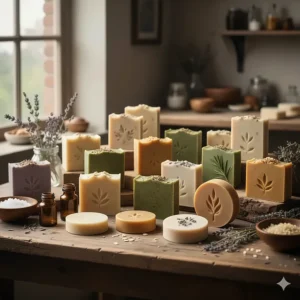 An assortment of colorful, different-sized luxury bar soaps, showcasing the variety of scents, colors, and ingredients available in the collection.