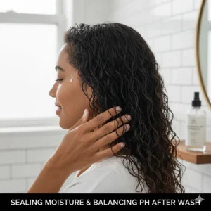 Hand applying a complementary conditioning oil to hair after washing with black soap shampoo to seal in moisture and balance pH.