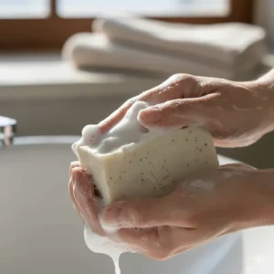 A person's hands creating a rich, creamy lather from a luxury bar soap, highlighting the dense and moisturizing texture of the foam.