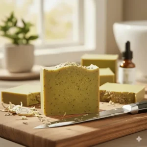 A close-up view of a freshly cut bar of natural lemongrass soap, showing the unique texture and specks of dried herb inside.