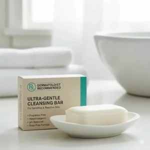 Packaging of a dermatologist-recommended bar of mild soap specifically marketed as being non-irritating and suitable for sensitive skin.