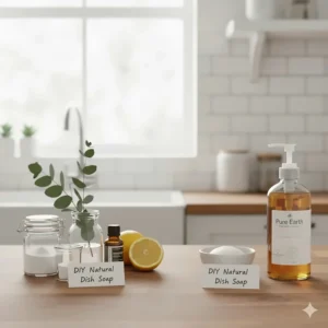 An image illustrating the comparison between ingredients for homemade DIY natural dish soap and a professional, store-bought non-toxic formula.
