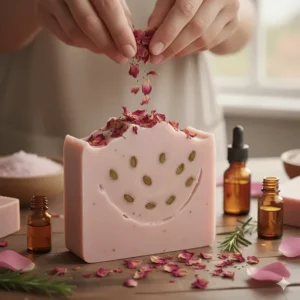 Close-up of dried rose petals and buds used to infuse the calming and natural fragrance into the rose soap, providing aromatherapy benefits.