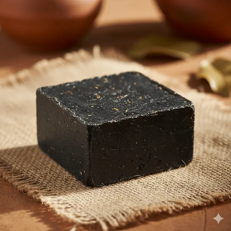 A large, square bar of Dudu-Osun black soap resting on a piece of rustic burlap fabric, emphasizing its dark color and natural ingredients. dudu osun black soap