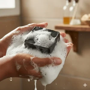 Close-up shot of a rich, creamy lather created by the Dudu-Osun black soap when mixed with water, showing its cleansing properties.