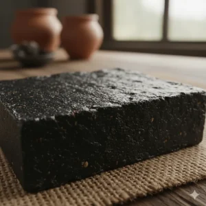 A detailed macro shot of the natural, slightly rough, and textured surface of the Dudu-Osun black soap bar.