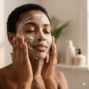 A person gently washing their face with Dudu-Osun black soap to illustrate its common use for managing acne and oily skin.