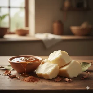 A visual display of the key natural ingredients used to make Dudu-Osun black soap, including chunks of shea butter, amber honey, and camwood extract (osun).