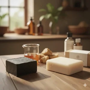 A comparison of the textured, dark color of Dudu-Osun black soap next to a lighter, commercially processed soap bar.