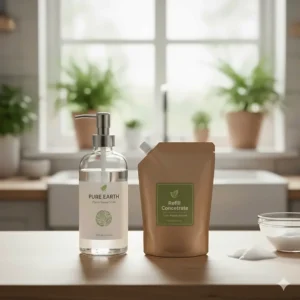 A display of eco-friendly packaging options for non-toxic dish soap, including a glass dispenser bottle and a concentrated refill pouch to minimize plastic waste.
