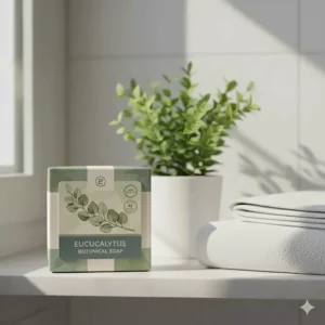 A eucalyptus soap bar displayed aesthetically on a clean bathroom shelf next to a small potted plant and a fluffy towel.