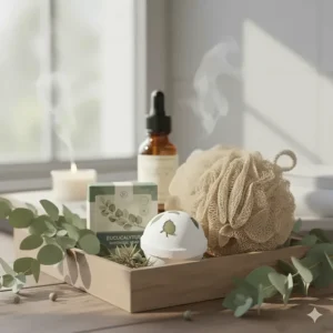 A curated spa gift set featuring the eucalyptus soap bar along with a loofah and a bath bomb.