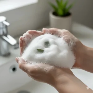 Rich, creamy white lather created by the eucalyptus soap, demonstrating its moisturizing and cleansing properties for a soothing bath experience.