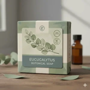 The retail packaging for the eucalyptus soap bar, clearly showing the brand logo and the '100% natural' or 'vegan' label.