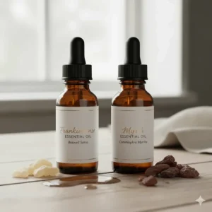 Small, labeled amber bottles of frankincense essential oil and myrrh essential oil, showing the pure extracts used to scent the soap.
