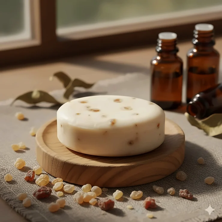 A close-up shot of an artisanal, creamy white frankincense and myrrh soap bar with a smooth finish, resting on a wooden surface.