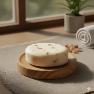 A bar of frankincense and myrrh soap positioned on a minimalist bamboo soap dish in a naturally lit, spa-like bathroom setting.