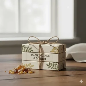 A gift set of three bars of frankincense and myrrh soap tied with a natural twine, perfect for aromatherapy and luxury bathing.