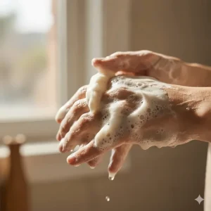 Rich, creamy lather being produced by the frankincense and myrrh soap, demonstrating its luxurious and moisturizing quality on skin.