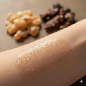 Close-up texture of skin being soothed by the natural oils in the frankincense and myrrh soap, illustrating its gentle, calming properties.