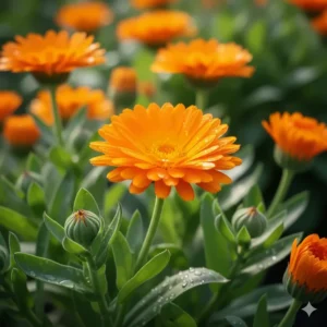 Bright orange fresh calendula flowers, the key natural ingredient used in making soap for sensitive skin.
