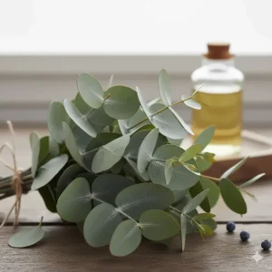 A bundle of fresh, silvery-green eucalyptus leaves and branches, highlighting the natural ingredient used to scent the eucalyptus soap.