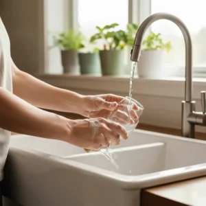 A detailed shot of bare hands washing dishes, demonstrating how gentle the non-toxic dish soap formula is for those with sensitive skin.