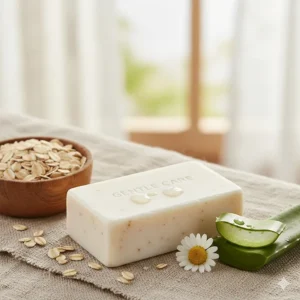A beautiful, plain white bar of gentle soap formulated specifically for sensitive skin, next to calming ingredients like oatmeal and aloe vera.