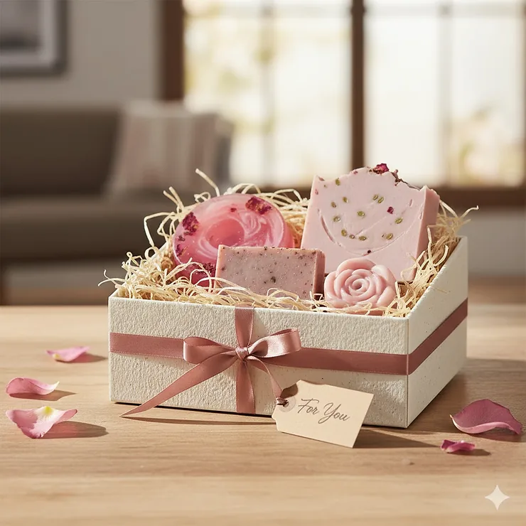 A beautiful gift box presentation containing three different handmade rose soaps, ideal for a birthday, Mother's Day, or any special occasion gift.
