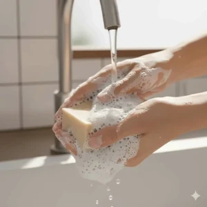 A person's hands gently lathering a bar of sandalwood soap, producing a rich, creamy foam that demonstrates the moisturizing and cleansing qualities of the product.