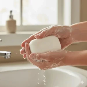 A hand creating a rich, creamy lather with the Basis Sensitive Skin Bar of soap.