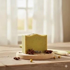 A beautifully styled, rustic handcrafted lemongrass soap bar garnished with dried botanicals on a wooden tray.