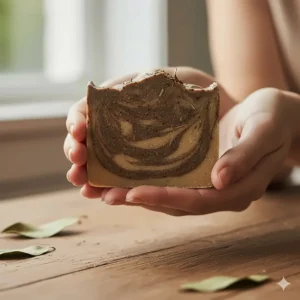 Close-up of a hand gently holding a handcrafted, artisan bar of patchouli soap, emphasizing the rich, brown swirls of the natural ingredients.