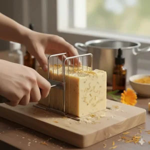 Handcrafted process of cutting a large log of calendula soap, ensuring the highest quality for sensitive skin.