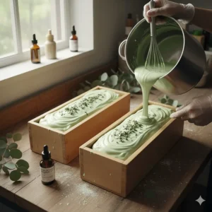 A photo showing freshly poured, un-cut loaves of handmade soap being made with eucalyptus oil, emphasizing the artisanal quality.