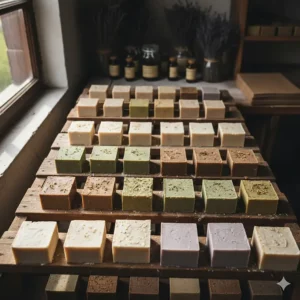 Rustic overhead shot of unwrapped, handmade luxury bar soap blocks on a wooden curing rack, emphasizing the traditional, natural production process.